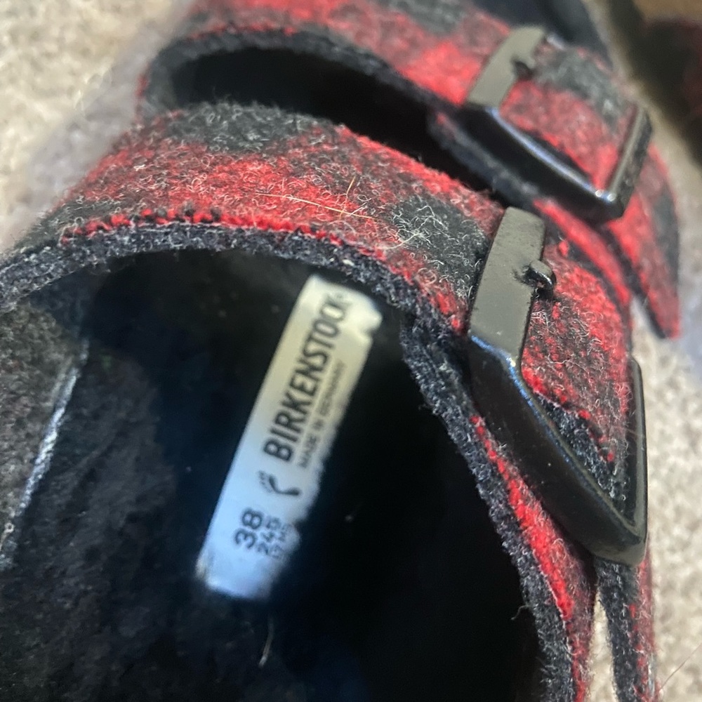 Birkenstock Buffalo plaid fuzzy sandals
